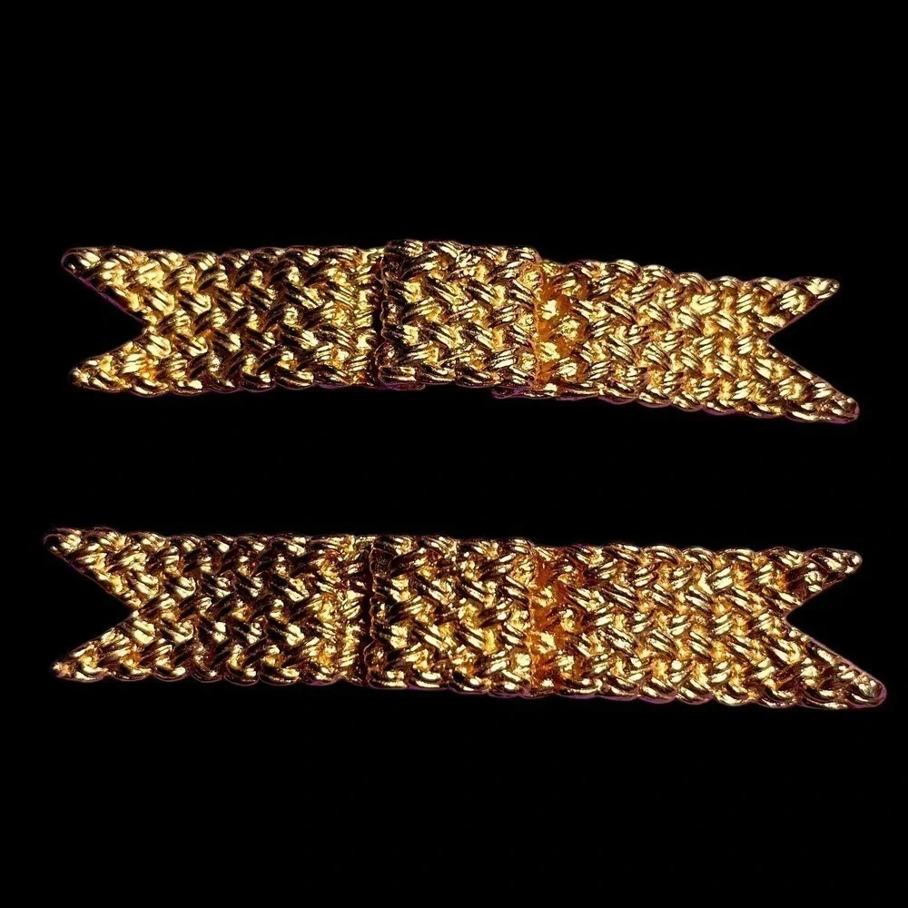 VTG Barrette Pair Gold-Tone Metal Woven Texture Bow Hair Jewelry Accessories 3”